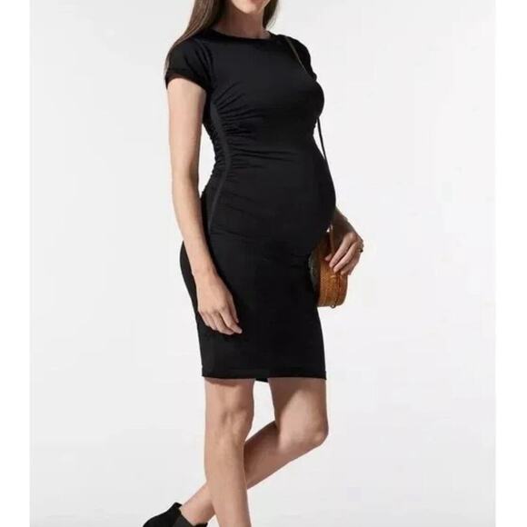 Blanqi Everyday Maternity Crewneck Mini Dress Cap Sleeve Ruched Bodycon M L - Picture 4 of 6